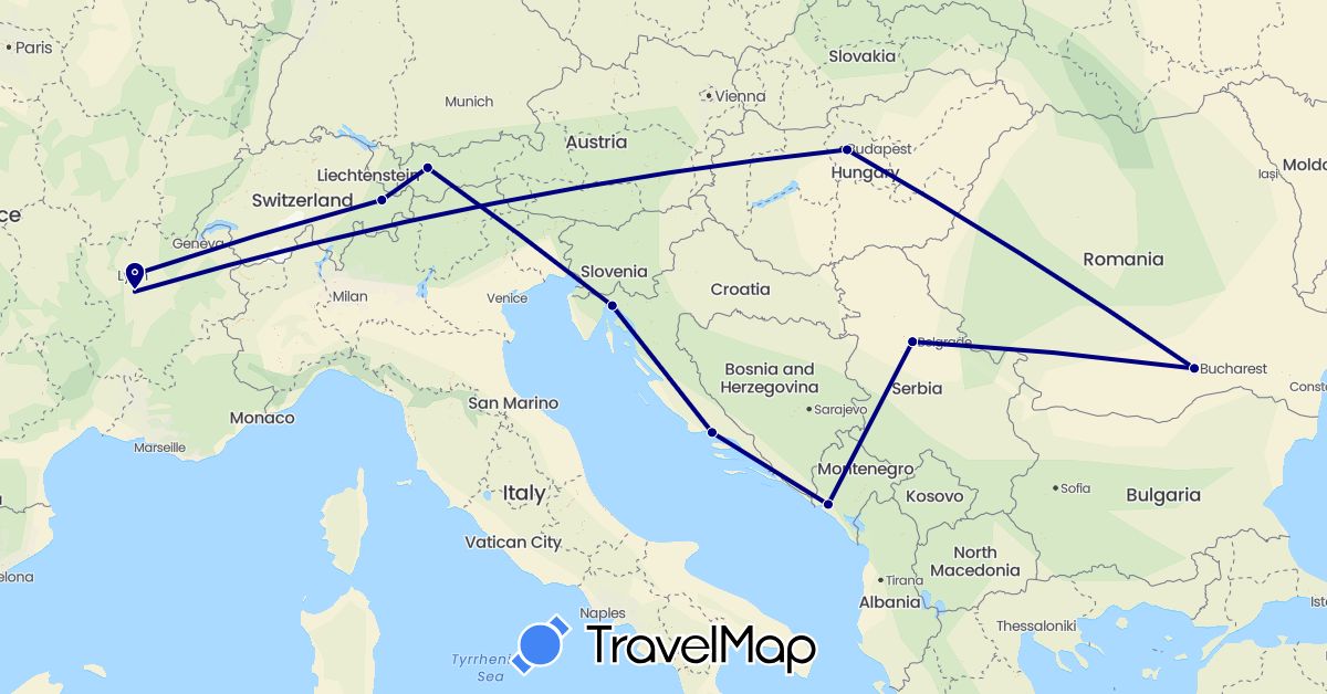 TravelMap itinerary: driving in Austria, Switzerland, France, Croatia, Hungary, Montenegro, Romania, Serbia (Europe)